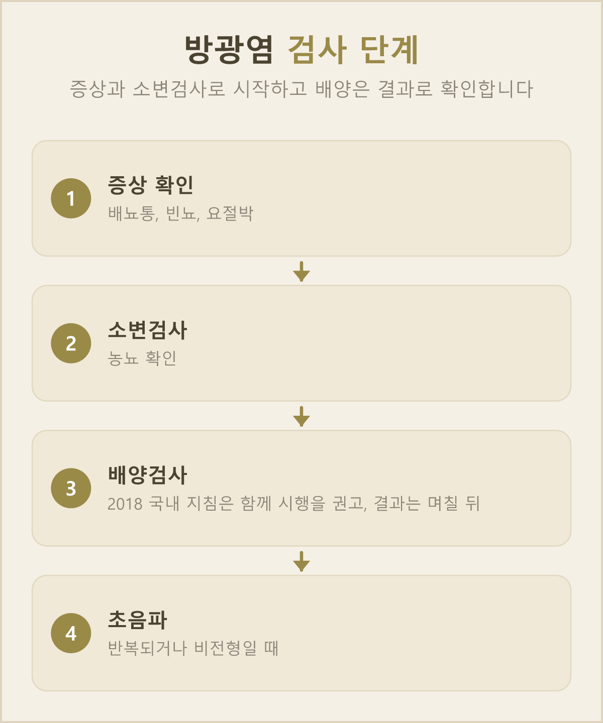 방광염 검사는 이런 순서로 진행돼요 — 증상 확인과 소변검사로 시작하고, 2018년 국내 지침이 함께 시행하도록 권고하는 배양검사는 며칠 뒤 결과로 확인하며, 반복되거나 증상이 전형적인 방광염과 다를 때 초음파를 더해요