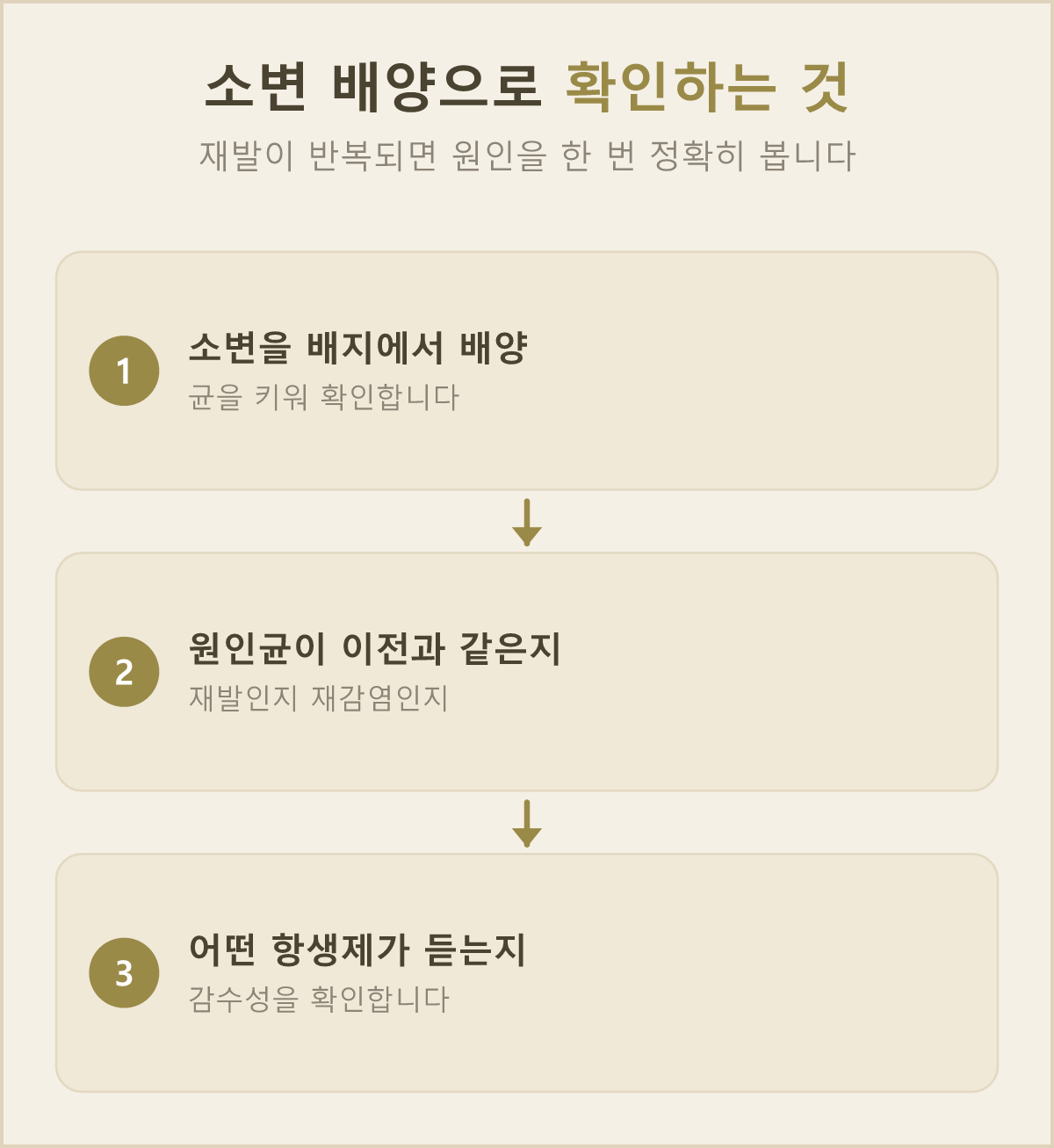 재발이 거듭될 때는 소변 배양으로 어떤 균인지, 어떤 항생제가 듣는지(감수성)를 확인해요