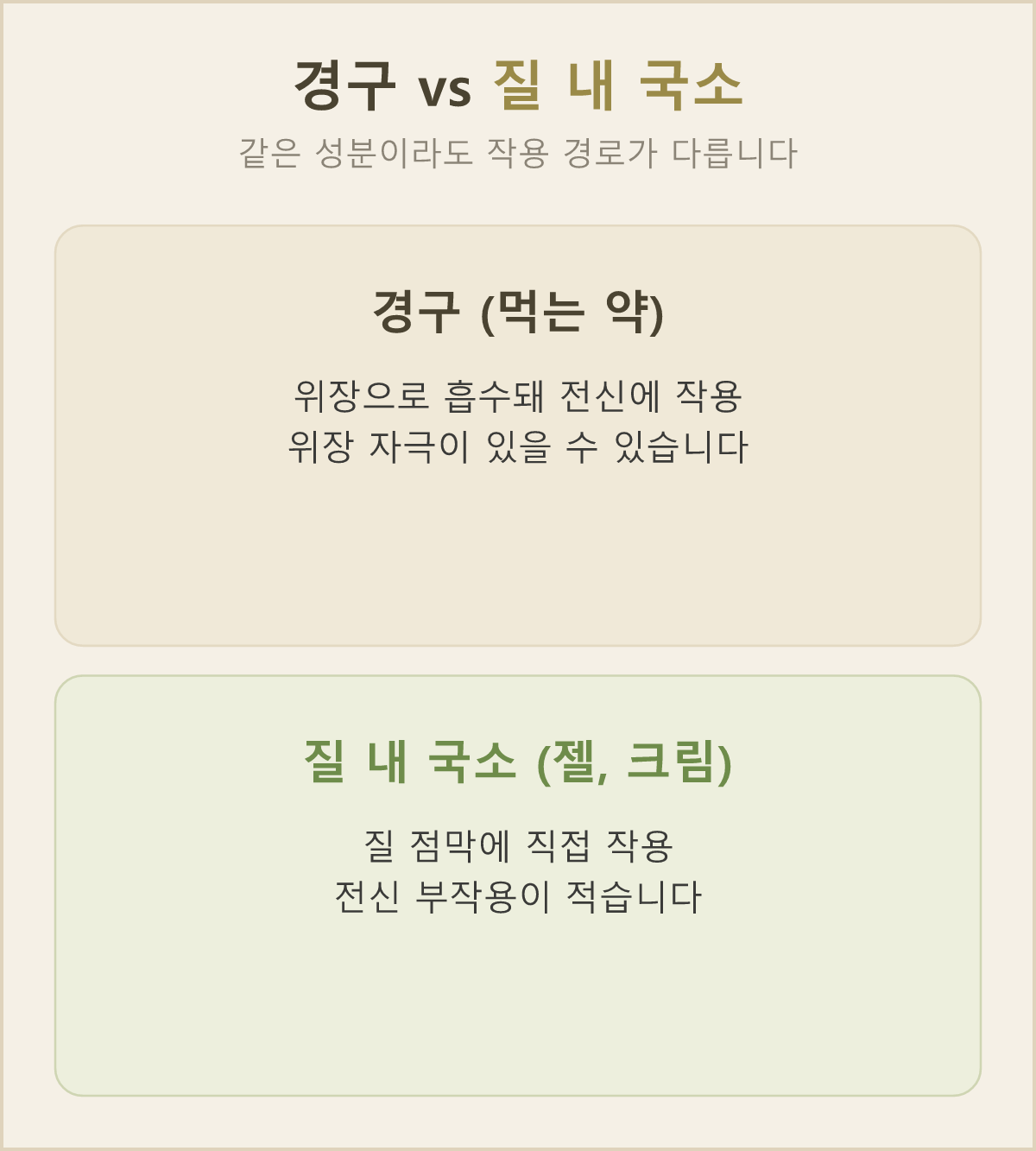 먹는 약과 질 안에 넣는 약(질젤·질크림)이 각각 어디에서 작용하고, 어떤 점이 좋고 어떤 점을 고려해야 하는지 나란히 비교