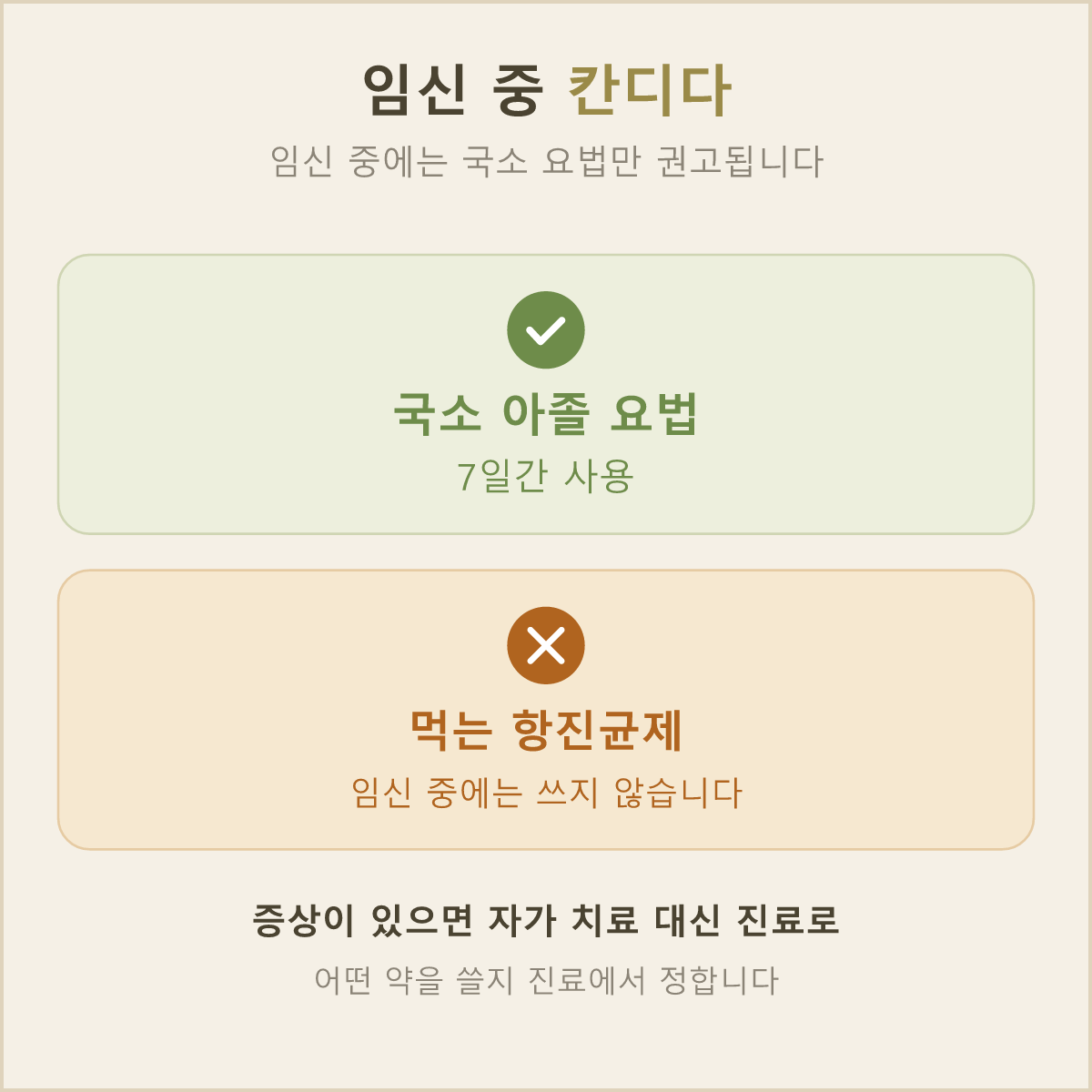 임신 중 칸디다 질염이라면 질에 넣거나 바르는 국소 아졸 약만 7일 동안 쓰고, 먹는 항진균제는 쓰지 않아요