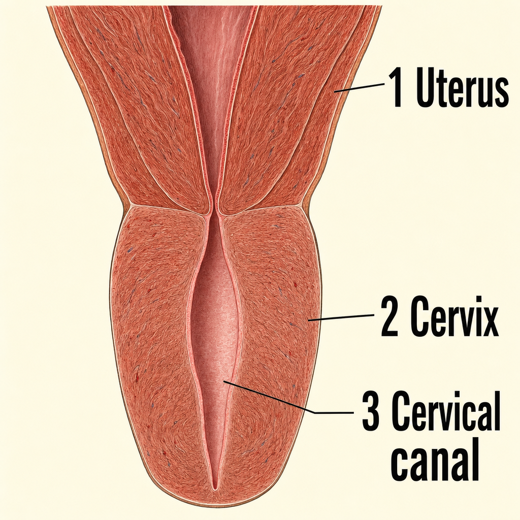 자궁의 아래쪽 끝부분인 자궁경부와, 그 가운데를 지나 자궁 속까지 이어지는 자궁경부관을 정면에서 잘라 본 그림이에요. 자궁경부염은 바로 이 자궁경부에 생겨요