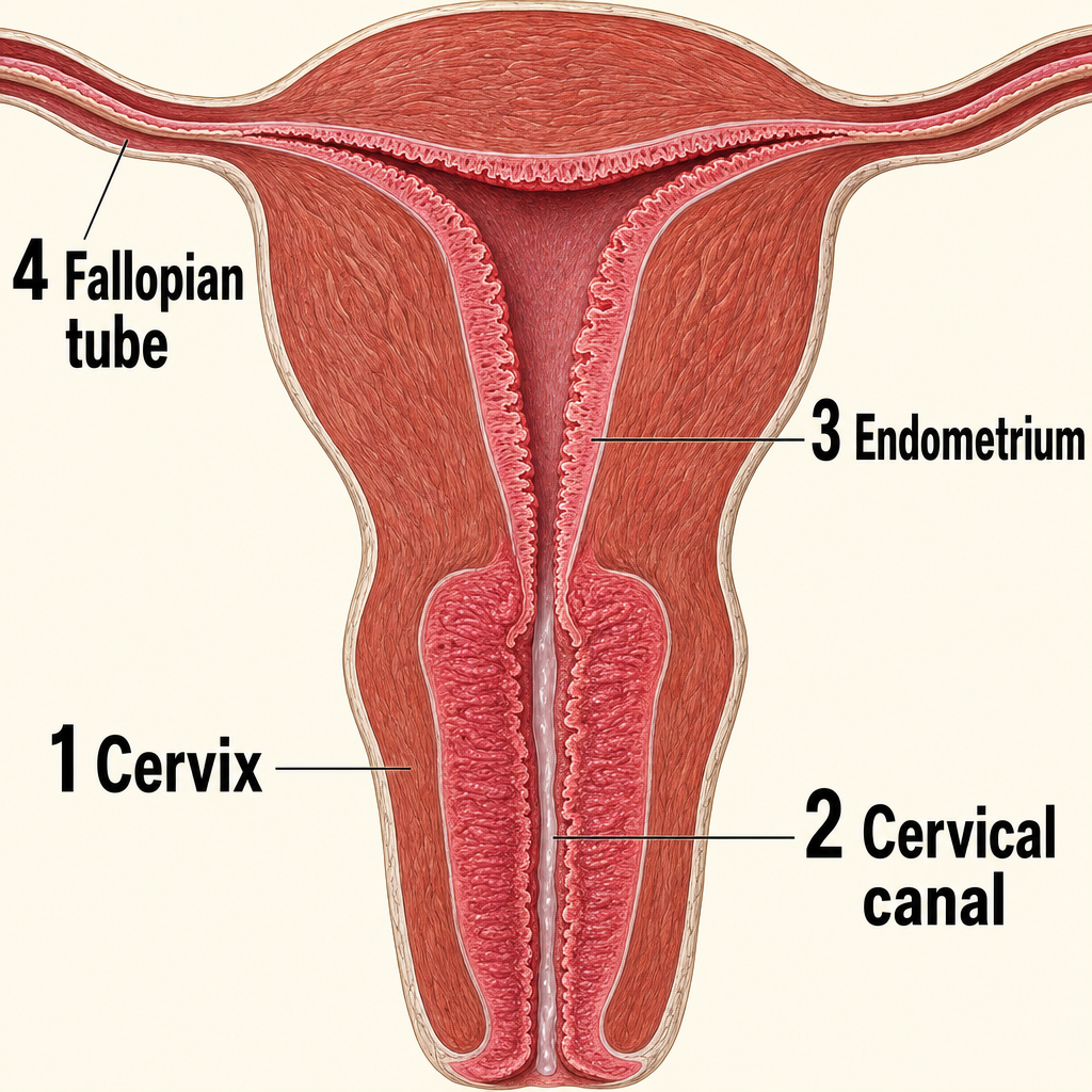 자궁경부에 생긴 염증과, 자궁경부관을 지나 자궁내막·난관(나팔관)으로 이어지는 길 — 자궁경부관 양옆의 짙고 두툼한 부분이 염증이 생긴 자리이고, 그 사이로 가늘게 이어진 줄기는 고름 같은 점액성 분비물이에요. 위쪽까지 번졌는지도 진찰로 살펴봐요