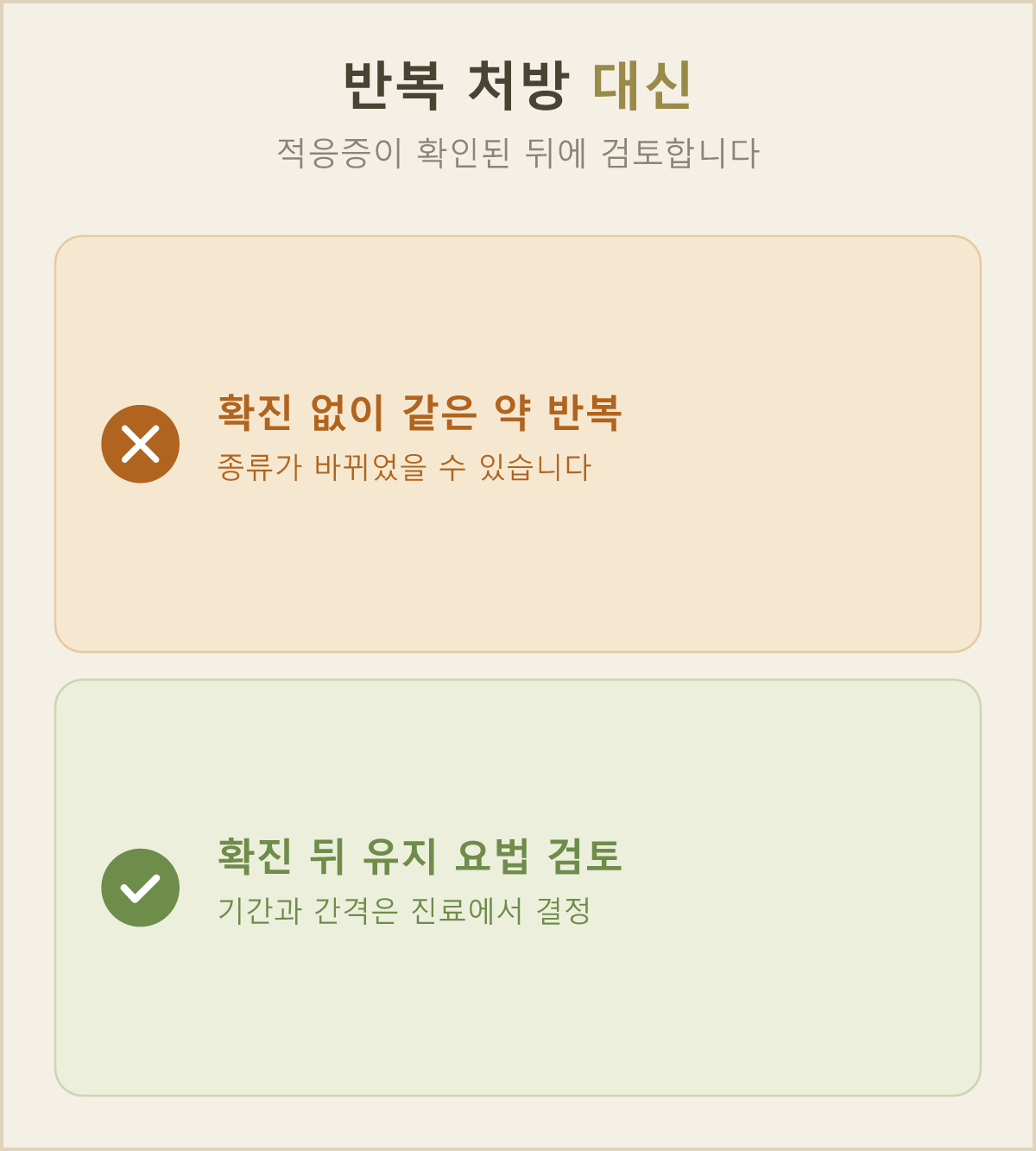 종류와 재발 패턴이 확인된 뒤에 유지 요법을 검토하고, 확인 없이 같은 약을 되풀이하는 것은 피해요
