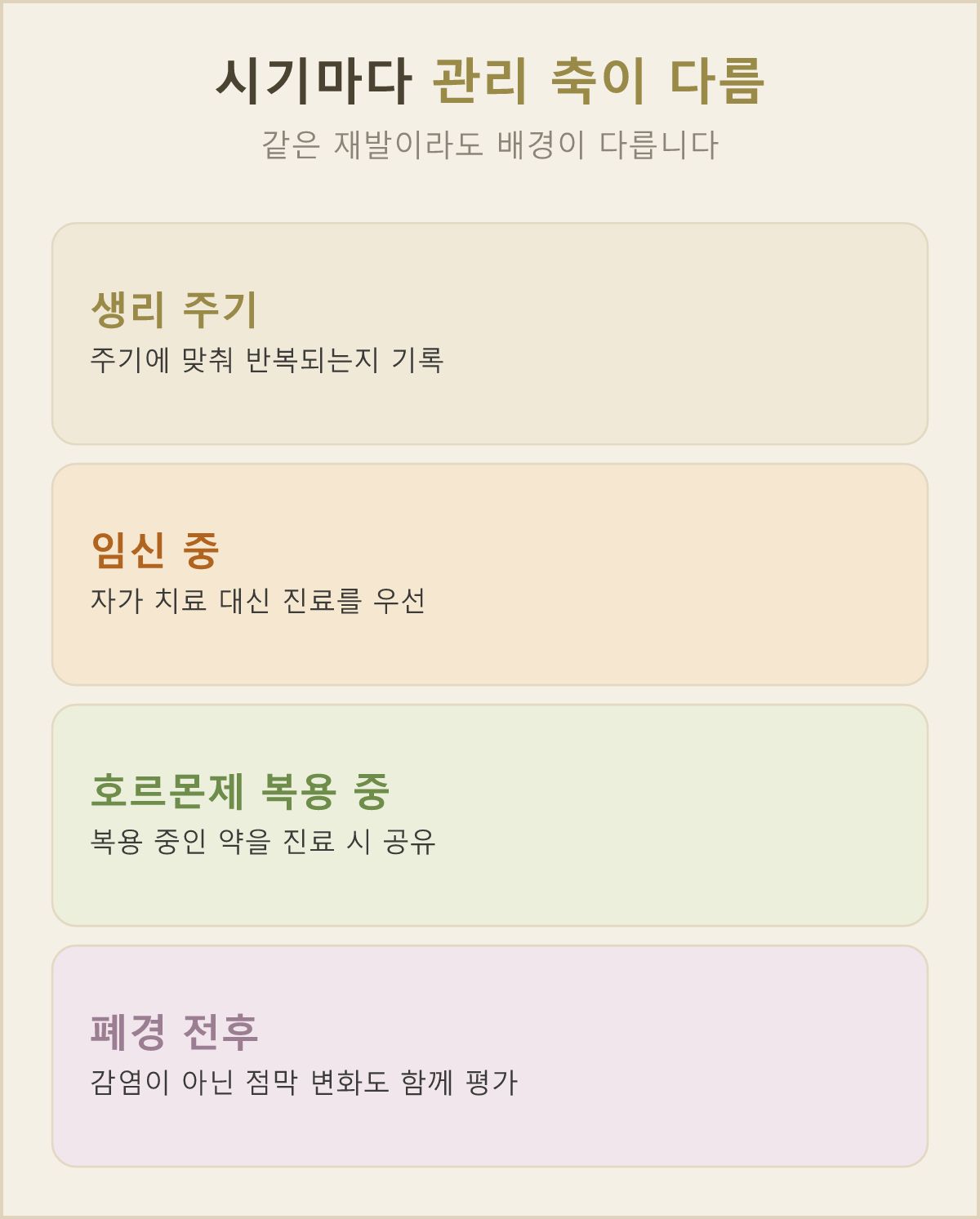 생리 주기, 임신, 호르몬제 복용, 폐경 — 시기마다 질 안의 환경이 달라서 관리 축도 각각 달라요