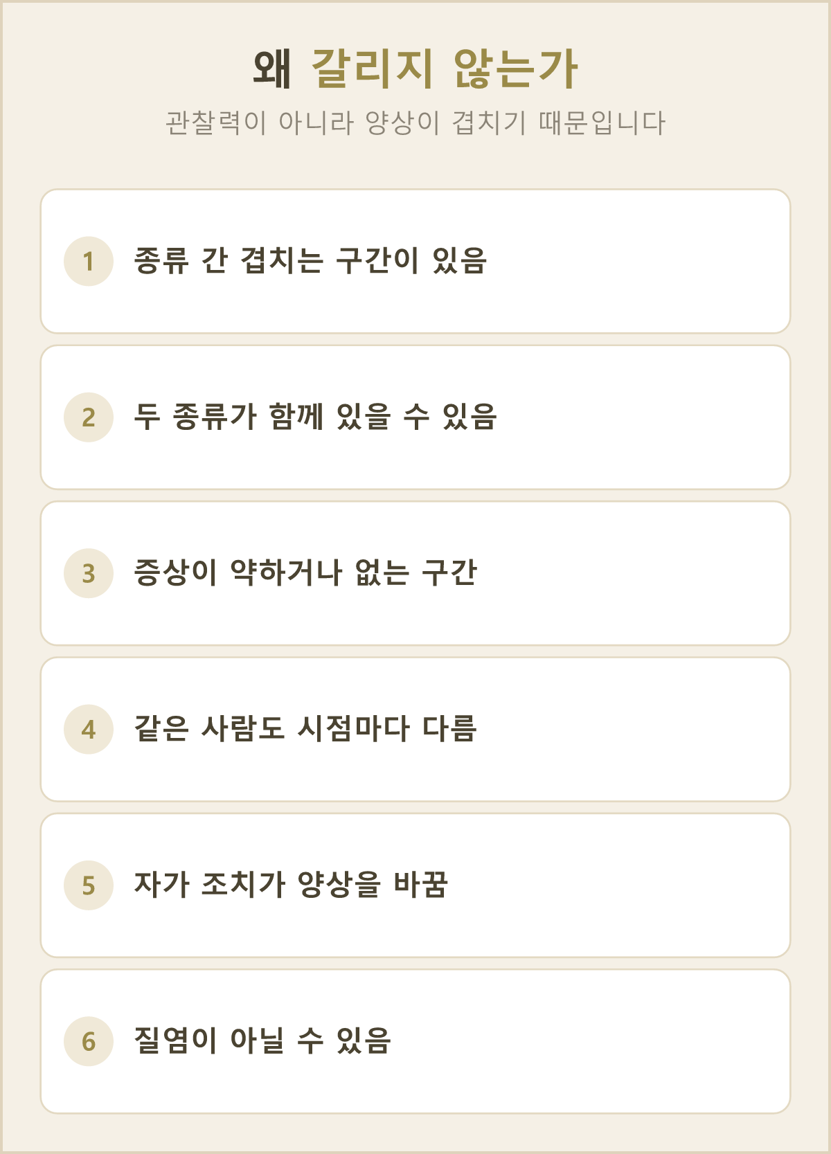 겉으로 보이는 양상만으로 종류를 가르기 어려운 여섯 가지 이유