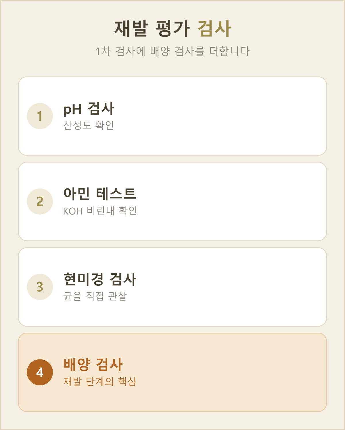 재발이 잦을 때는 균 종류를 확인하는 검사와 배양 검사로 어떤 균인지, 어떤 약이 듣는지까지 확인해요